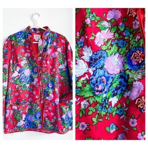 Vintage  Floral Colourful Silk Asian style Mandarin Collar Jacket XL